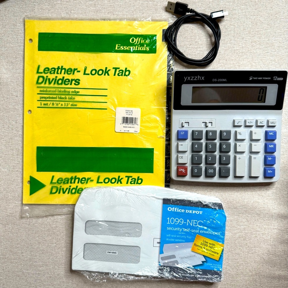 Office Supply Bundle – Calculator, 1099-NEC Envelopes, Tab Dividers & USB Cable